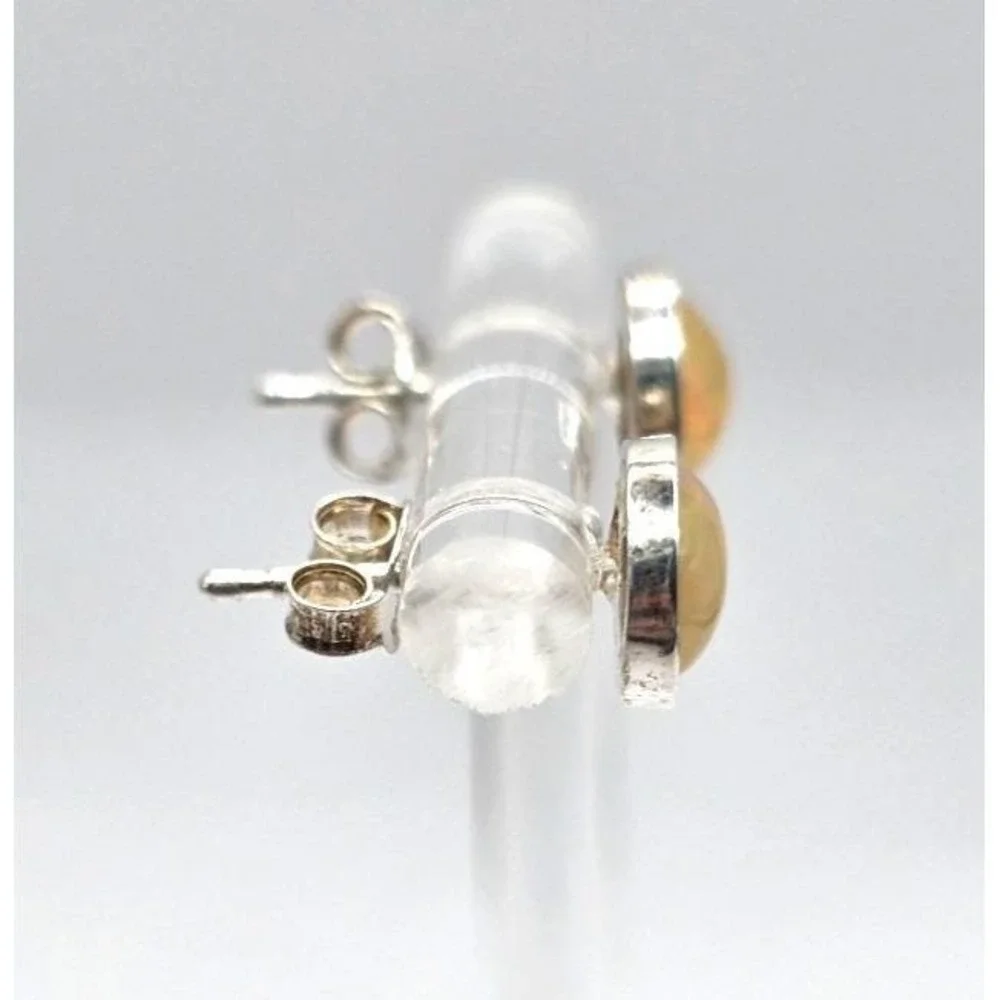Natural Ethiopian Opal Stud Earrings Round 7.3 mm Sterling Silver 925 Handmade